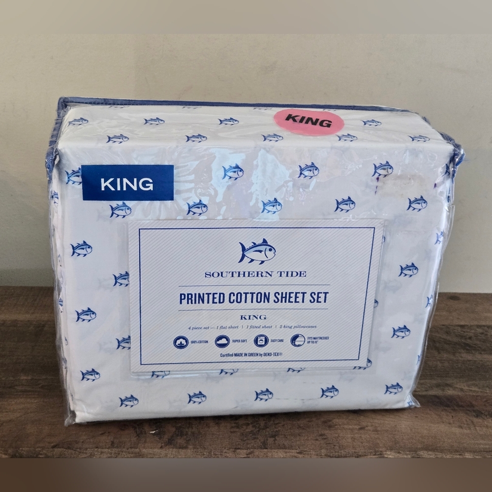 🎁Southern Tide Printed Cotton Skip Jack King Sheet Set - White